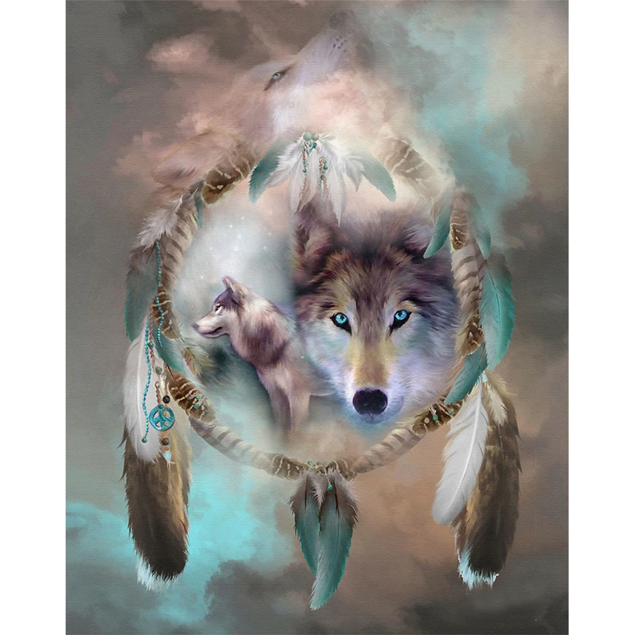 

5d Full Drill Diamond Painting Dream Catcher and Wolf Picture DIY Round Rhinestone Mosaic Embroidery Kit for Home Decoration Art