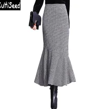 Женская осенне-зимняя шерстяная клетчатая юбка с рыбий хвост, Женские винтажные элегантные офисные юбки с оборками, облегающие длинные Юбки Русалки