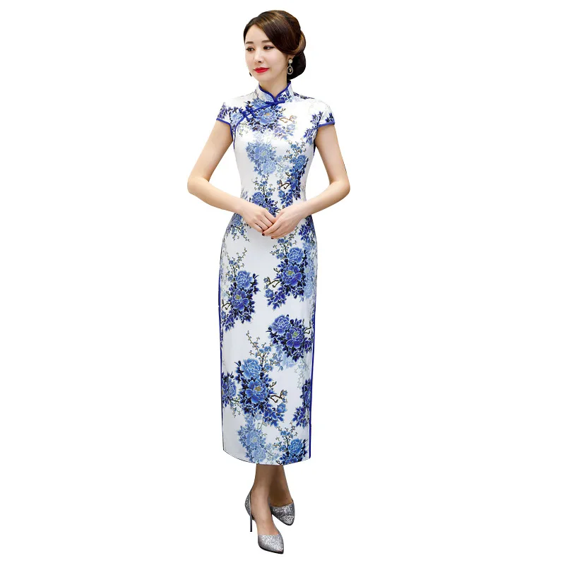 Белые элегантные Oriental Для женщин длинные Qipao более Размеры Китайская традиционная шоу на сцене платье пикантные тонкий Cheongsam Размеры S M L XL