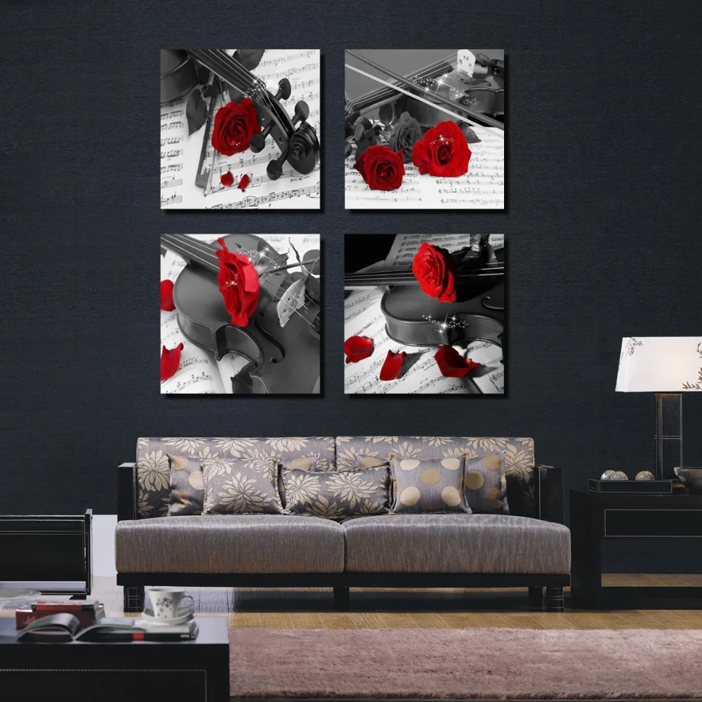 4 Pieces Combinated Guitar Rose Flower Canvas Painting Romantic