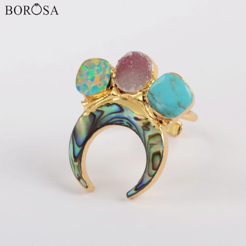 BOROSA 5 шт. золотой цвет Рог Абалон оболочки и три Радуга кулон agates Druzy Turquoises Manmade белый/синий кольцо из розового золота G1839