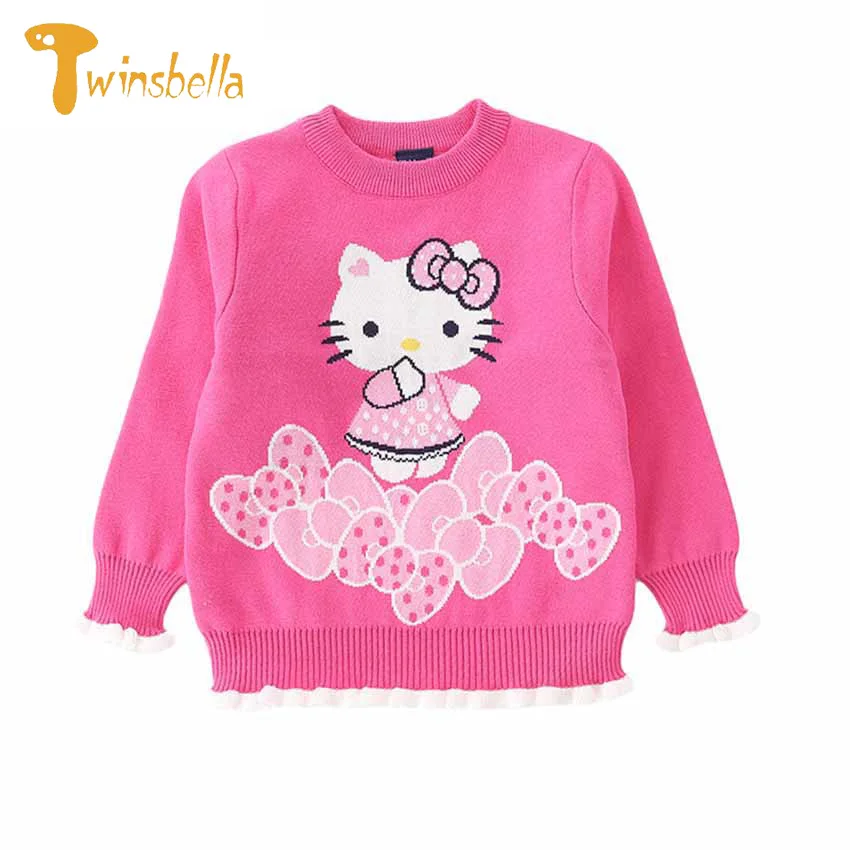 TWINSBELLA 2018 Children Spring Autumn Clothing Girls Cotton Knitted Pullover Sweater Toddler Cartoon Pattern Bow Print Sweater