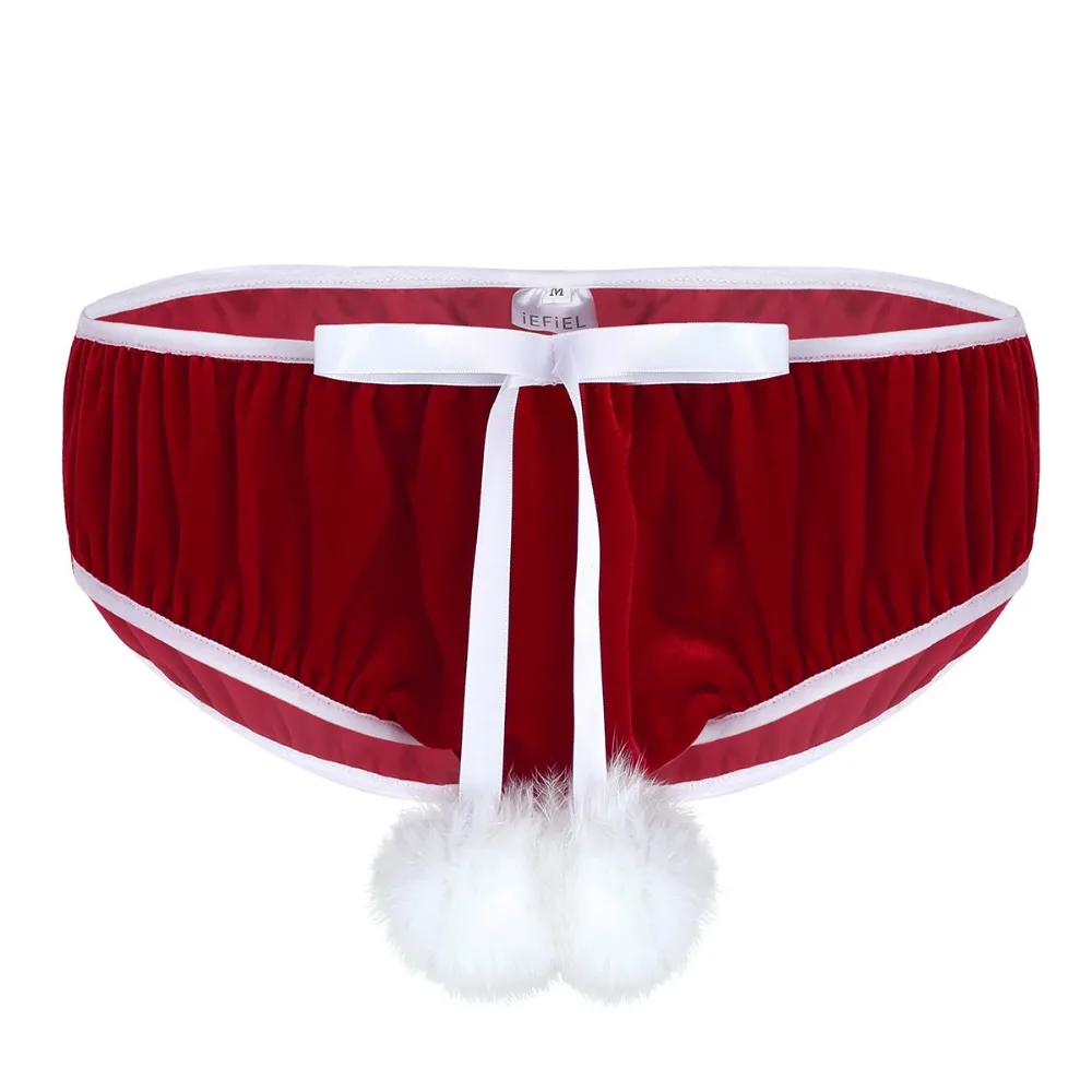 Men's Red Lingerie Velvet Christmas Holiday Bowknot Stretchy Xmas Fancy