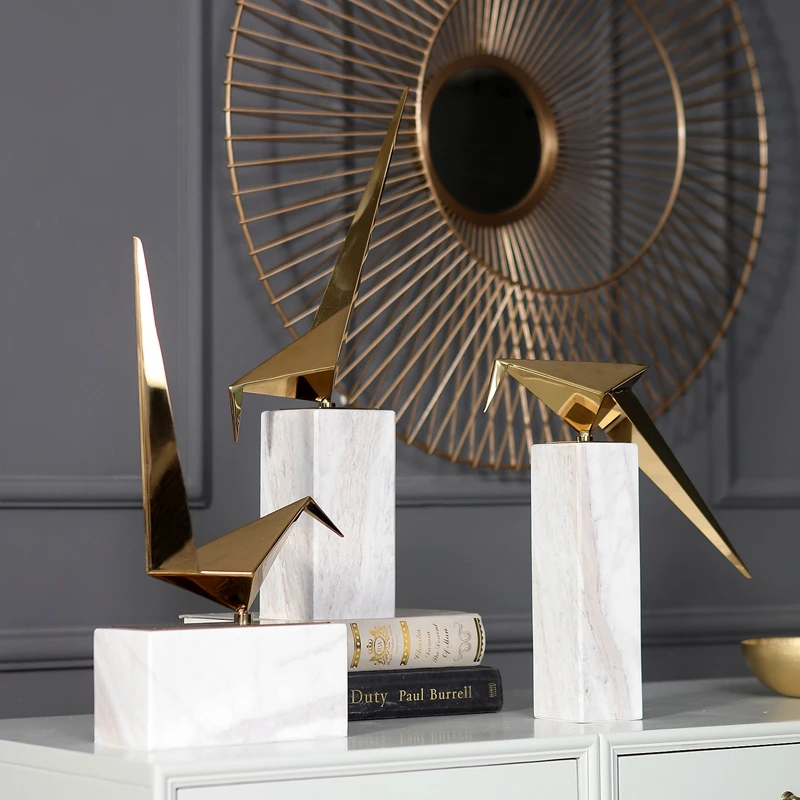 Modern Home Decor Nordic Geometric Golden Bird Statues Marble Base Nordic Geometric Golden Bird Statues