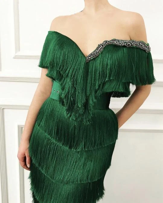 Arabic Emerald Green Tassel Evening Dress Mermaid Long Crystal Off the Shoulder Elegant Women Formal Prom Dresses in Dubai