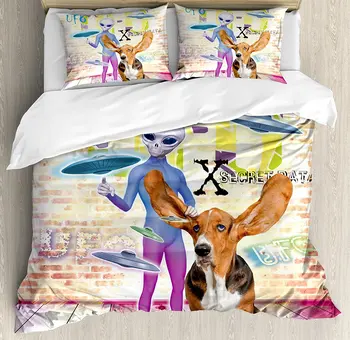 

Outer Space Duvet Cover Set Alien and Cute Dog with Giant Ears Vivid UFO Stylized Writing Grungy Brick Wall 4 Piece Bedding Set