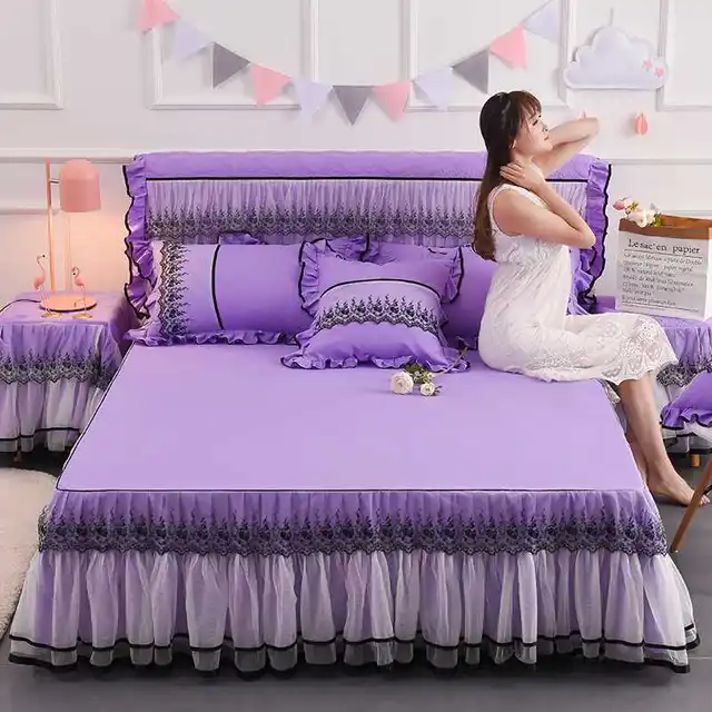 Us 31 11 49 Off Purple Pink Green Luxury Lace Princess Bedspread Bed Sheet Pillowcases Girls Bedding Skirt Home Decoration Fit 150 180 200cm In