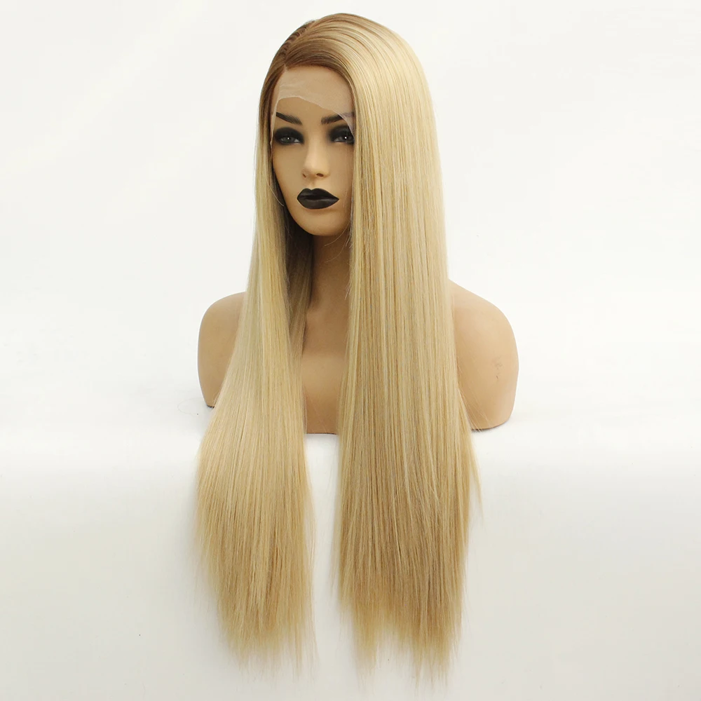 Brown Ombre Blonde Synthetic Lace Front Straight Wig Side Part-6