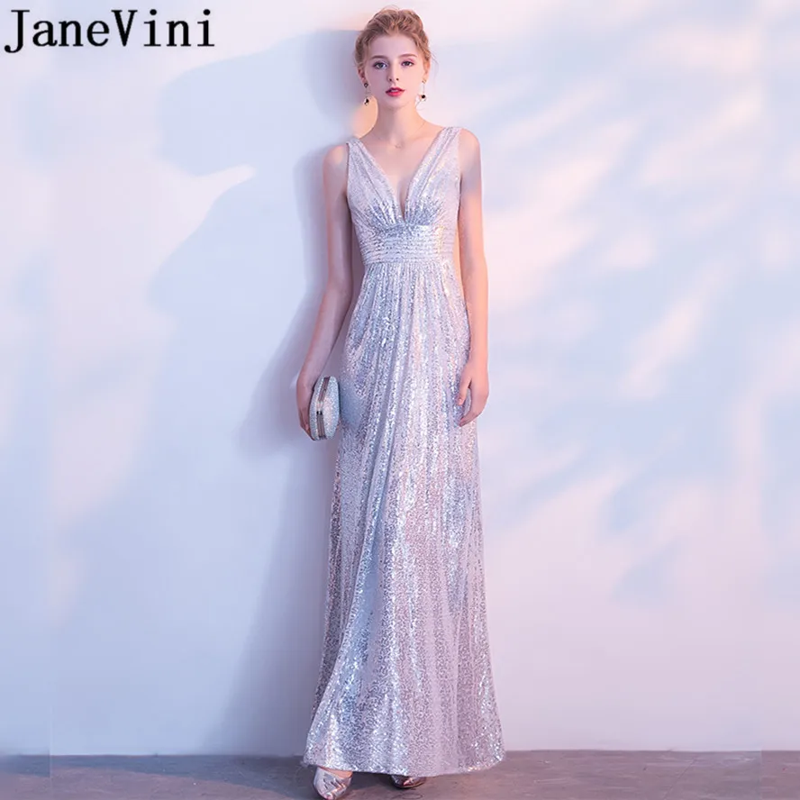 JaneVini Custom Design Zilveren Lange Avondjurken Elegante Bling Sequin V-hals Moeder Van De Bruid Jurken 2018 Abendkleider JaneVini Custom Design Zilveren Lange Avondjurken Elegante Bling Sequin V-hals Moeder Van De Bruid Jurken 2018 Abendkleider