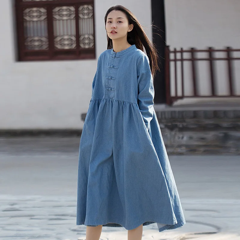 

Johnature Women Denim Dress Vintage Stand Long Sleeve Pockets 2019 Spring New Loose Solid Color Women Cloths Button Dress