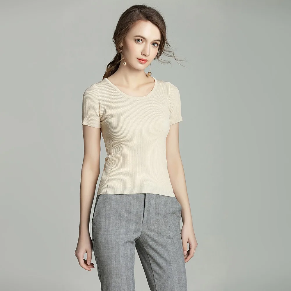Summer new sweater shirt women's round neck short-sleeved solid color wild Slim Korean version of the simple | Женская одежда