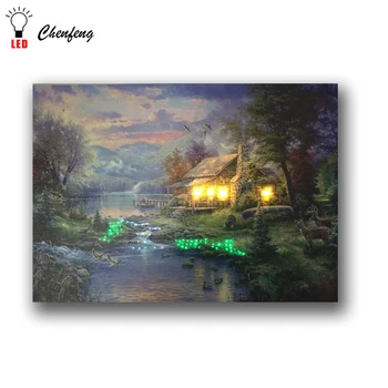 

4pcs warm leds with 60 point fiber optic light spring lake landscape led canvas wall picture light up canvas print art painting