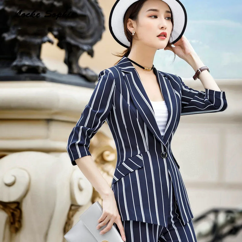 1pcs Women's Plus size Blazers coats 2019Summer cotton blend stripe Middle sleeve Small Suits jackets ladies Skinny Blazers Suit