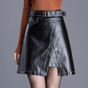 

Fall Winter Fashion Women High Waisted Sash Black Pu Leather Skirt , Autumn Spring Designer Female Woman 4xl Slim Buttons Skirts
