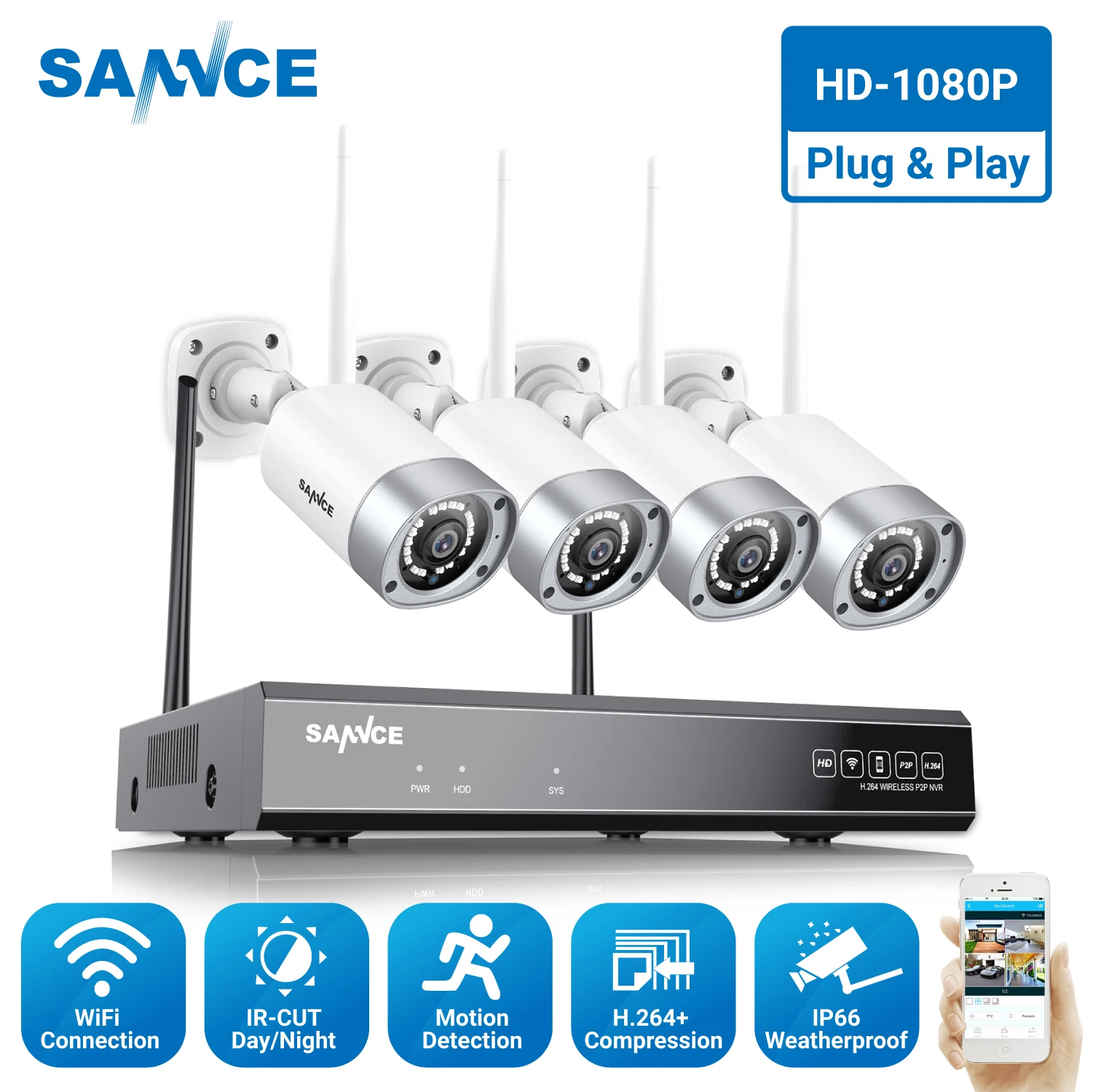 SANNCE Full HD 1080P 8CH Wireless NVR CCTV Security System 2.0MP IP