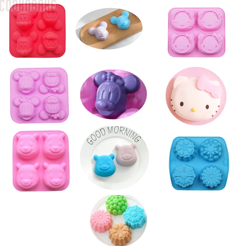 

COOKNBAKE DIY Silicone Mold for Handmade Soap Small silicone Cake mold 4 Holes Flower Bear lovely Cat and Mouse