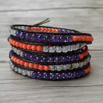 

Bead wrap bracelet corals and purple natural stone bead bracelet Leather wrap bracelet yoga jewelry bohemian