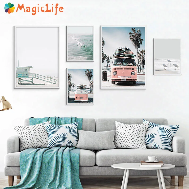 

Scandinavian Tropical Landscape Sea Beach Bus Decor Wall Art Canvas Painting Nordic Posters Art Wall Pictures Unframed