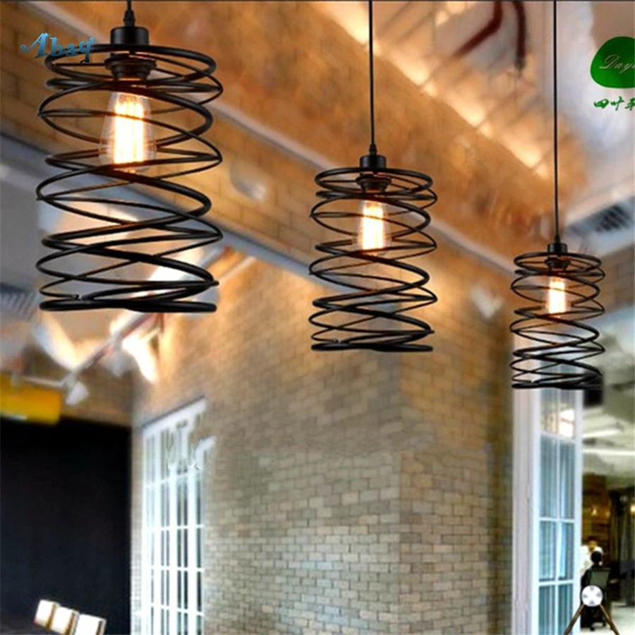 

American vintage Spring Shape Black Pendant Lights for Living Room Cafe Bar Dining Room Light industrial style led hanging lamp