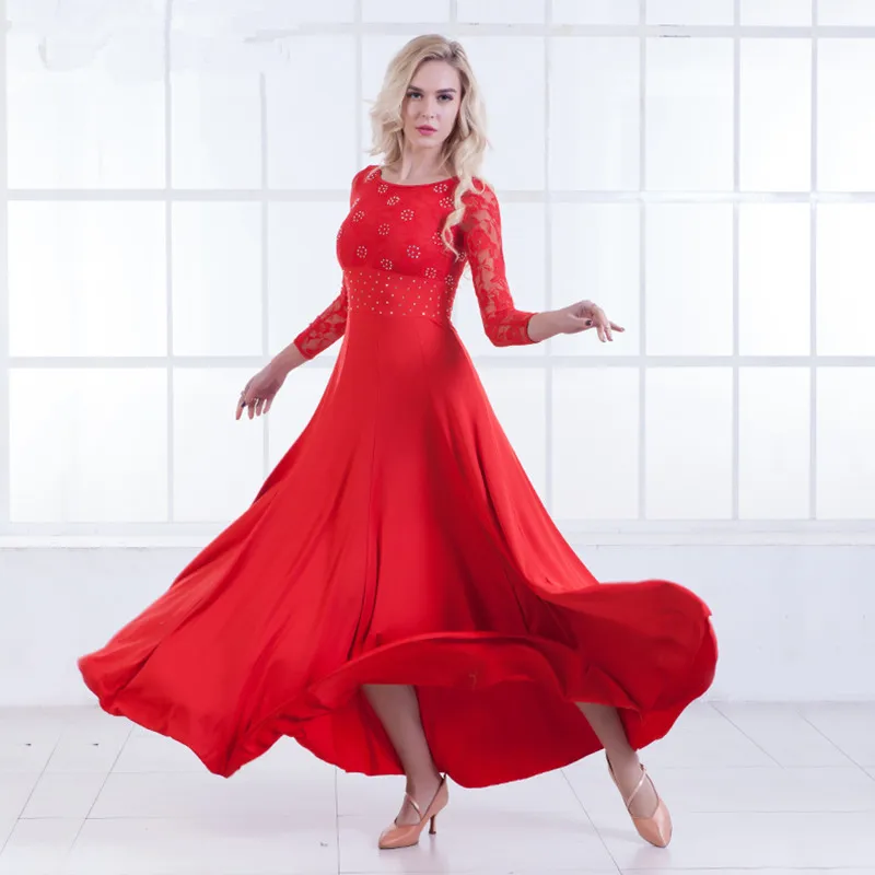 Modern Dance Dress Long Sleeve Ballroom Dancing Will Pendulum dress Ballroom Dancing Waltz dress - Цвет: red