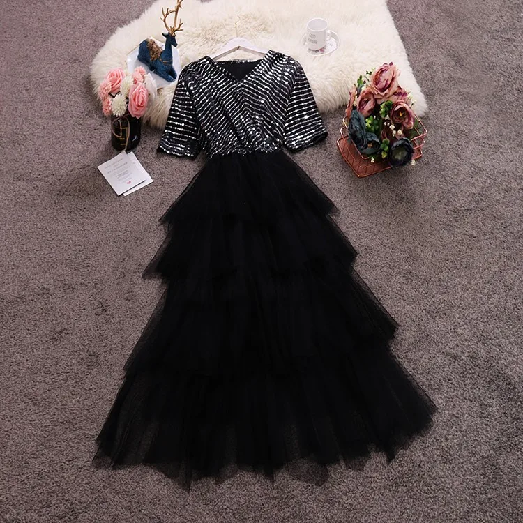 

Amolapha Women V Neck Sequined Mesh Patchwork Maxi Dresses Summer Ruffles Mesh Mid Calf Dress Vestidos