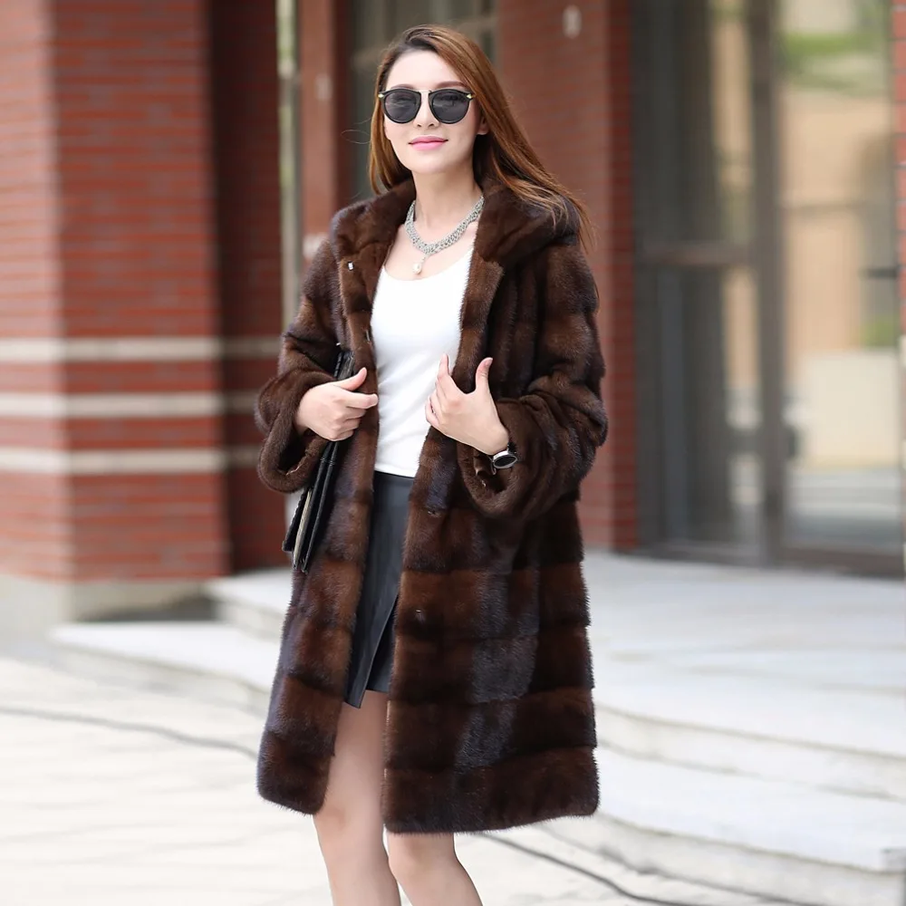 CY 50161 New Women's Real Mink Fur Coat Luxury Long Style With Fur Hood