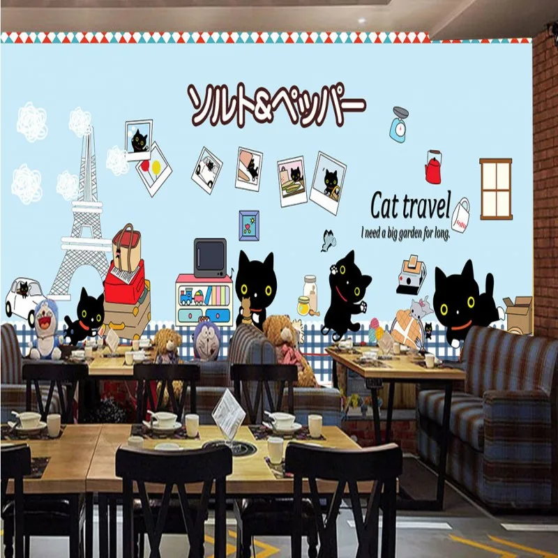 wallpaper 3d Custom Hand painted cartoon cat restaurant wallpaper 3d Custom Hand painted cartoon cat restaurant