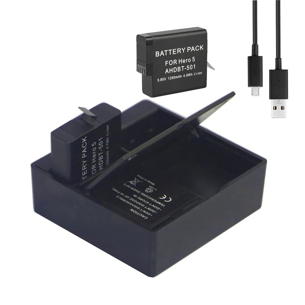 3Pcs 1250mAh bateria GoPro hero5 AHDBT-501 battery pack +USB Box Dual Charger for Gopro Go Pro 5 hero black camera accessory | Электроника