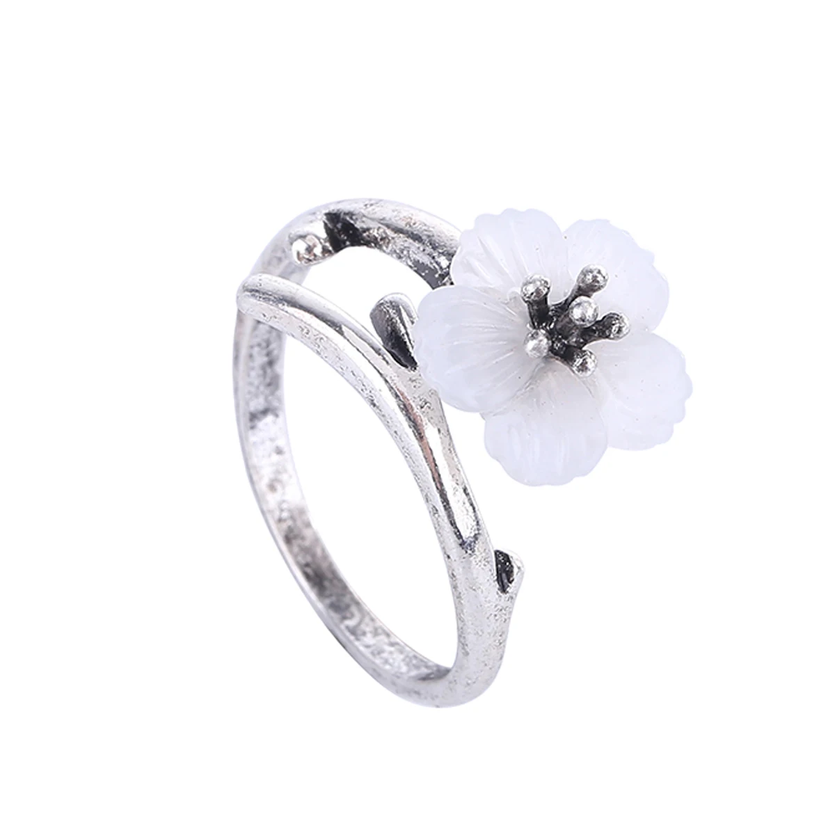 Womens Vintage Adjustable White Flower Tree Branch Design Open Wrap Ring