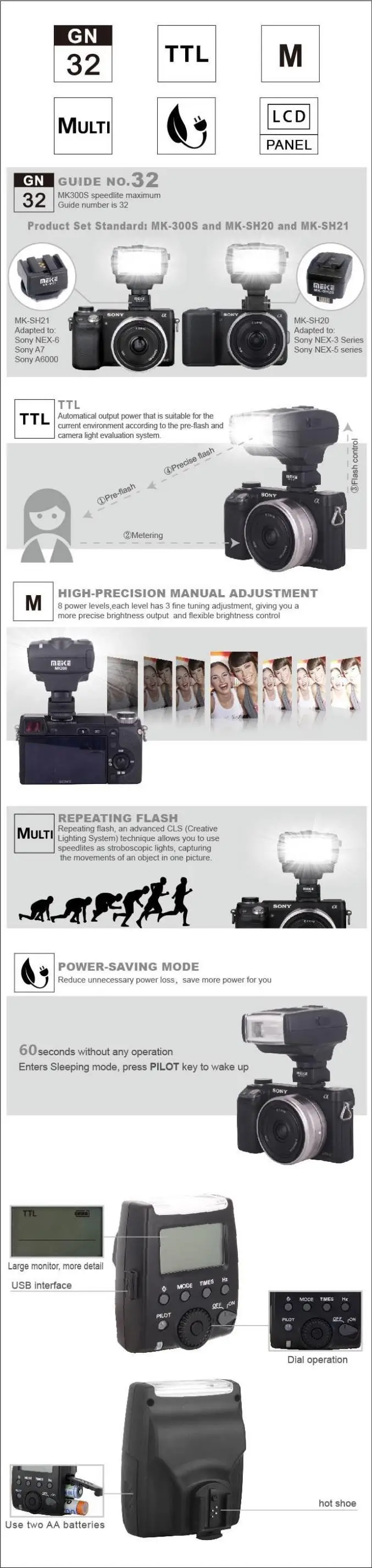 Meike MK300S Вспышка Speedlite для sony Альфа A33 A35 A37 A55 A57 A58 A77 a200 a300 a550 a580 a700 A850 A900 цифрового однообъективного зеркального фотоаппарата