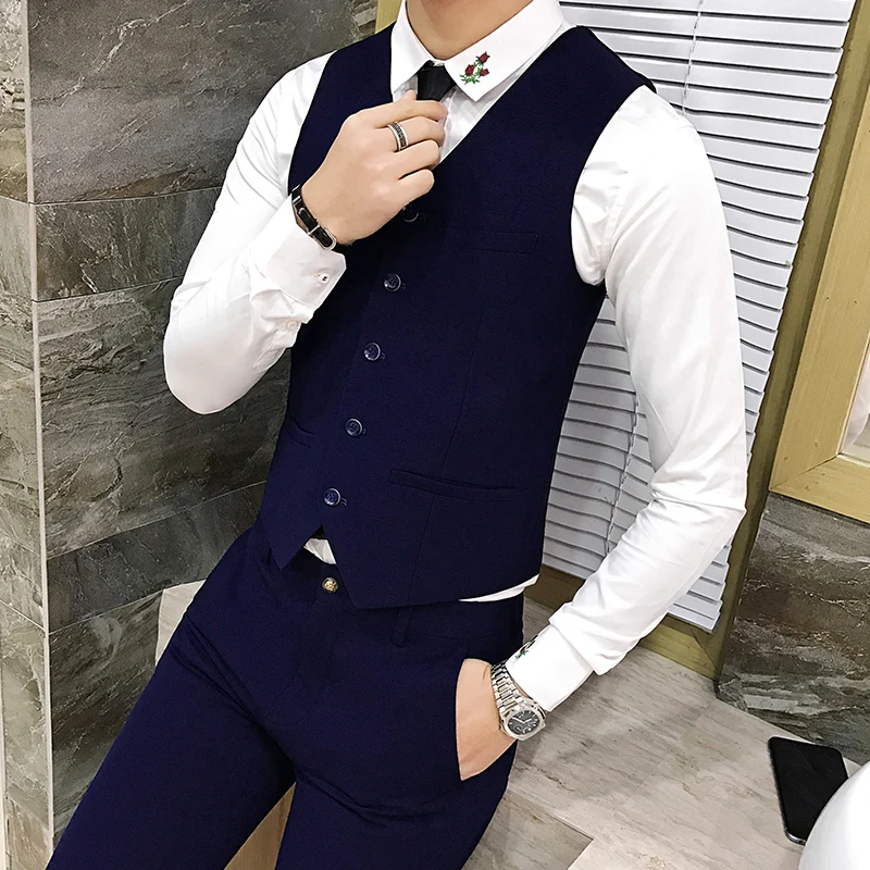

Blue and black Waistcoat men vest and pant Pure color vest men suit Slim fit mens vest casual Asian size S M L XL XXL