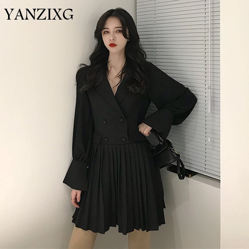 

2019 News Spring Korean Girl's Dress Turn-down Collar High Waist Pleated Bottoms Sashes See Through Flare Sleeves W109