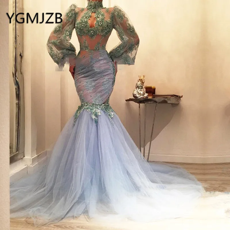 

Elegant Mermaid Lace Prom Dresses 2019 Long Sleeve High Neck Beaded Appliques Evening Gown Saudi Arabia Women Formal Party Dress