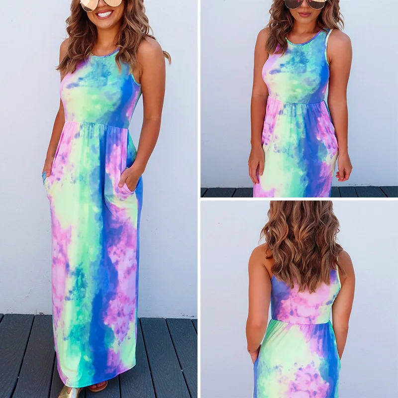 

Womens Ladies Party Summer Tie dye Dress Maxi Fashion Cocktail Ankle length Casual Plus size Sundress Sleeveless