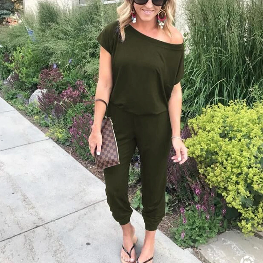 Сексуальный косой комбинезон с открытыми плечами весенне-летний однотонный