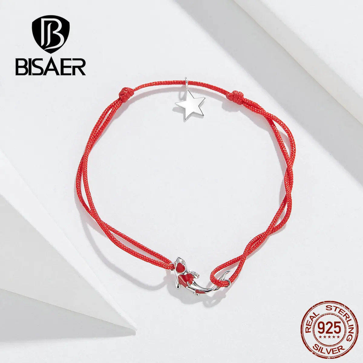 Браслеты BISAER Lucky, 925 пробы, серебряный, красный, карп, Cyprinoid, веревка, женские браслеты, Стерлинговое серебро, ювелирные изделия ECB145