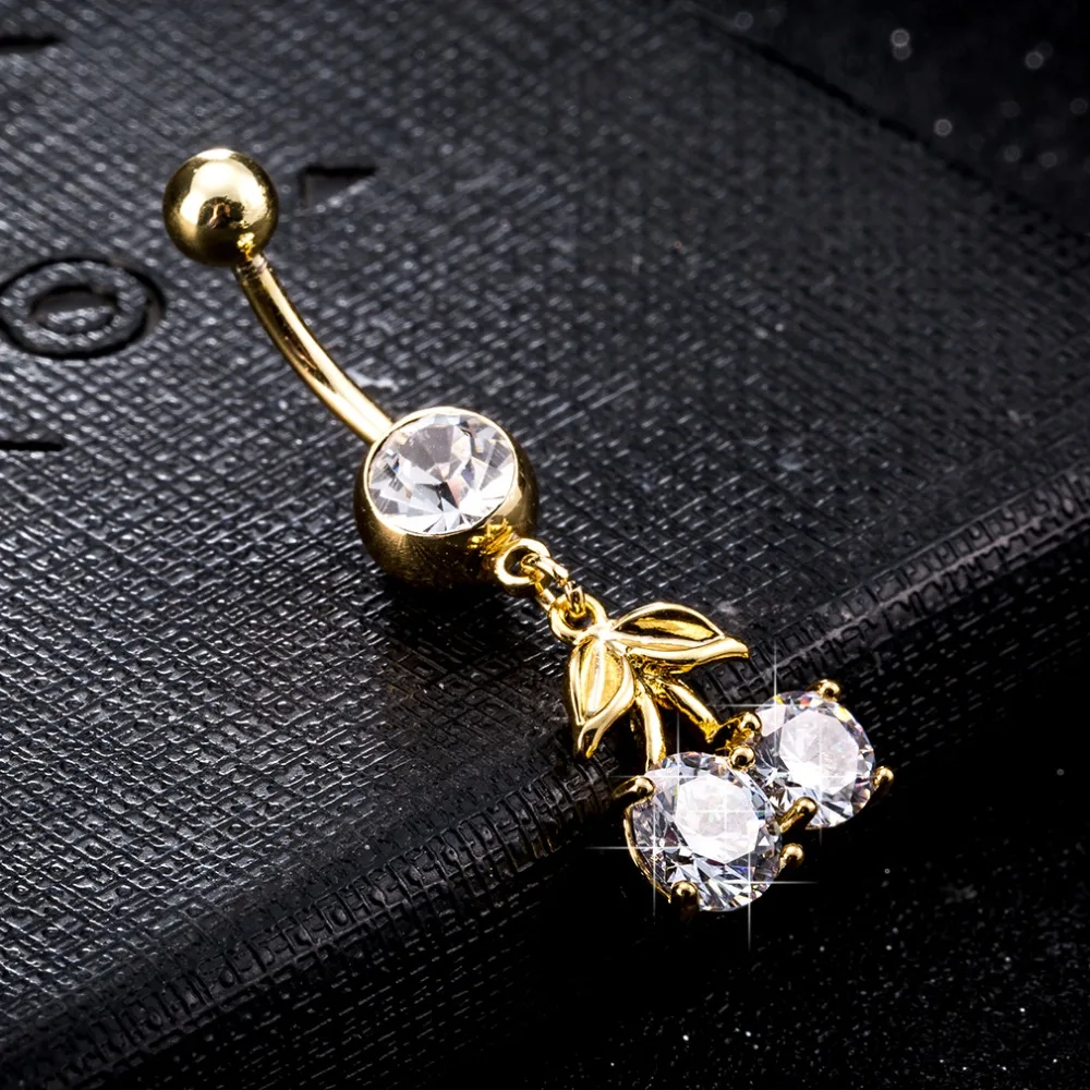 

cherry shape zircon Sexy Dangle Navel Piercing Rings Surgical Steel Belly Button Rings Rhinestone Body Jewelry Ombligo