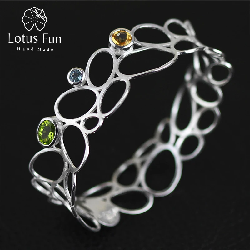 

Lotus Fun Real 925 Sterling Silver Natural Topaz Handmade Fine Jewelry Vintage Delicate Luxury Hollow out Bangle for Women