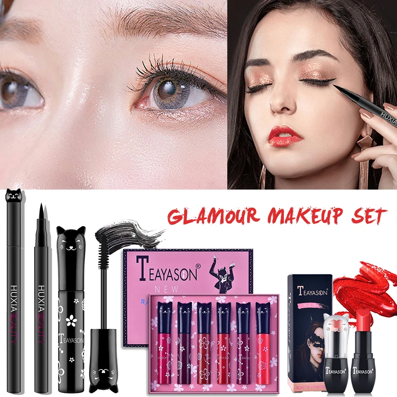 

4Pcs/set Ladies Makeup Set Eyeliner Mascara Lip Gloss Lipstick Women Makeup Sets Beauty Cosmetics