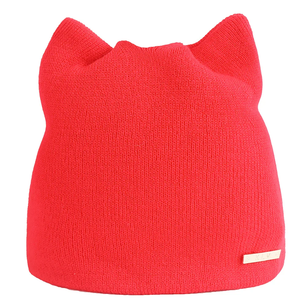 Модная женская зимняя теплая шапка, шапки с ушами, однотонная бейсболка, вязаные шапки в стиле хип-хоп, Повседневная шапка, теплые зимние шапки для мужчин и женщин - Цвет: Красный