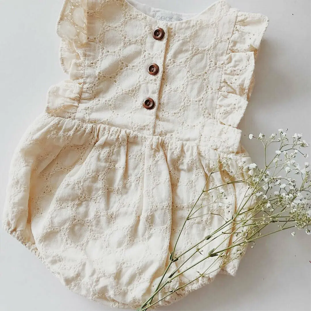 

2019 Toddler Infant Baby Girls Sleeveless Button Ruffled Hollow One-Piece Romper Jumpsuit Casual Sunsuit Outfits Clothes 0-2T