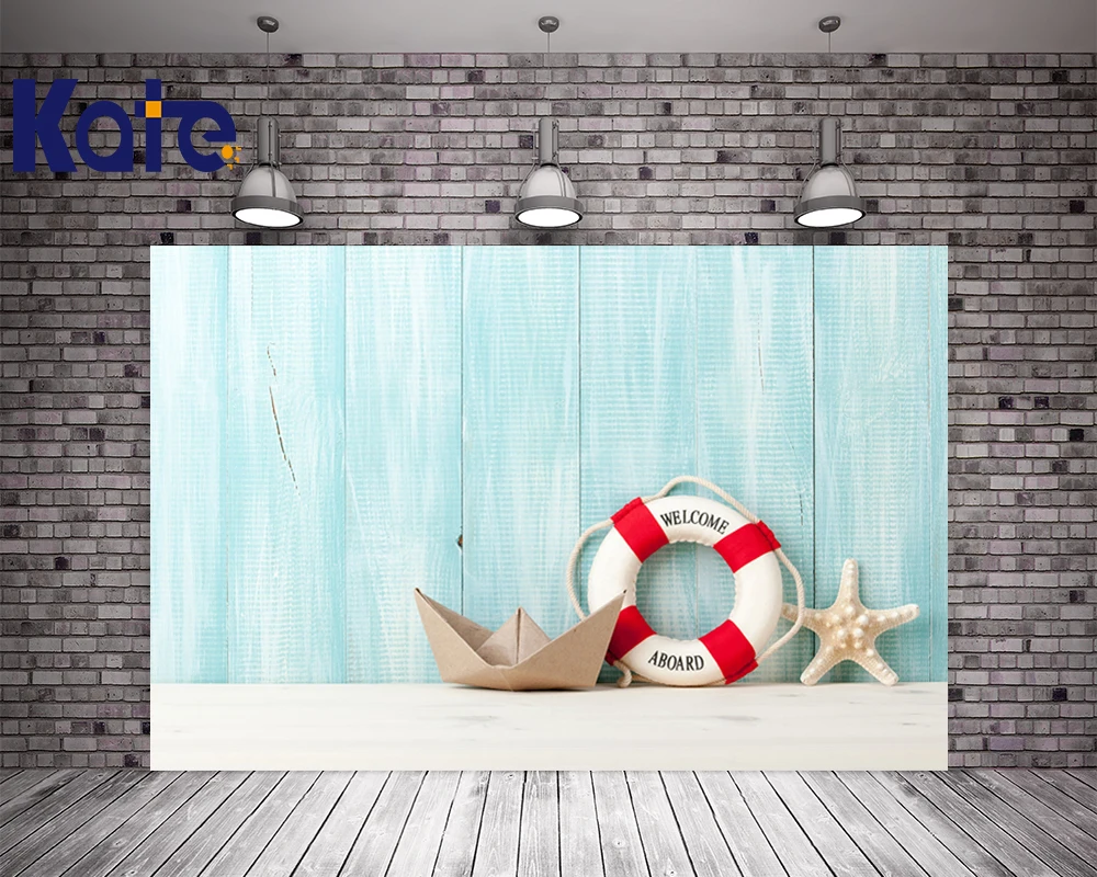 

KATE 10ft Light Blue Wooden Board Backdrops Paper Boat Lifebuoy Starfish Decoration Children Summer Photo Props for Photo Studio