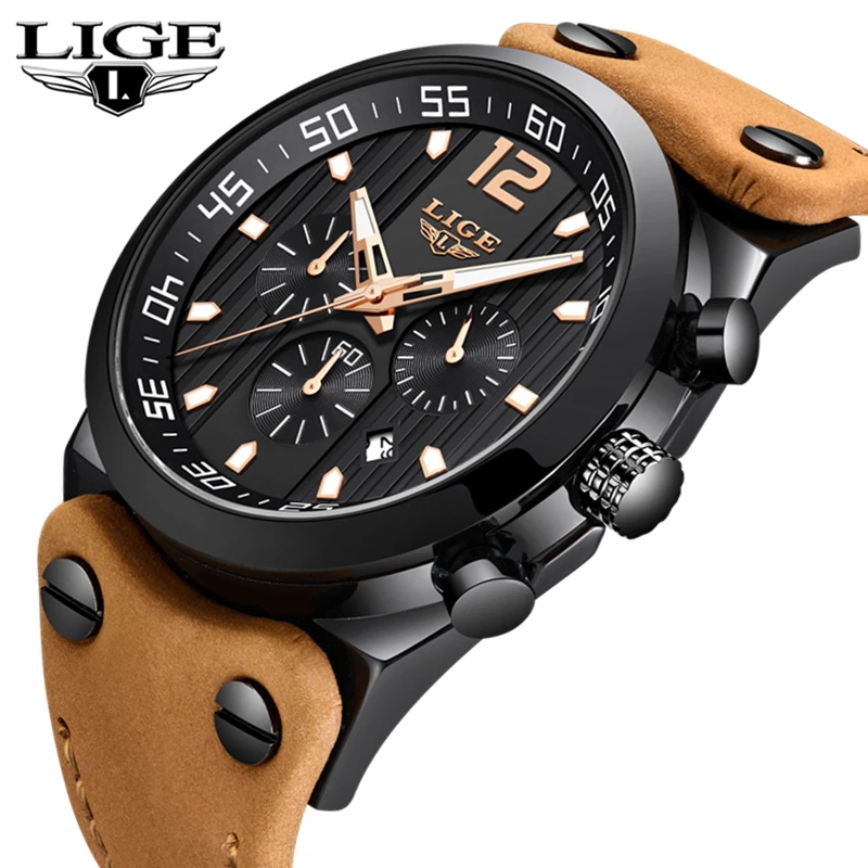 

LIGE Men Watches Army Military Luxury Brand Sports Casual Waterproof Watch Casual Leather Quartz Wristwatch Relogio Masculino