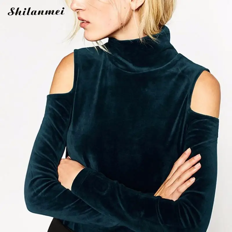 Women velvet green sexy streetwear tops cut out Off shoulder slim