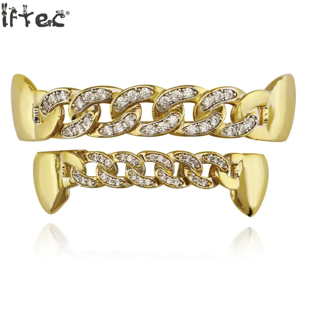 Iftec Pure Gold Color Plated Fang Teeth Grillz Micro Pave Cz Stones Exclusive Luxury Top &amp Bottom Hip Hop Chain Grills | Украшения и