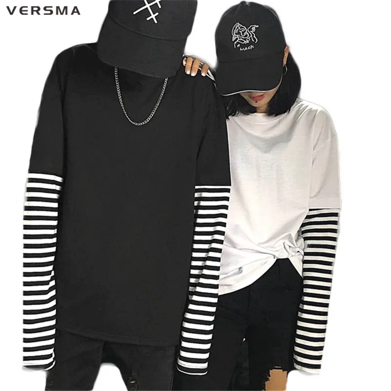 VERSMA корейские Харадзюку черно-белые полосатые хип-хоп футболки мужские и женские осенние поддельные из двух частей с длинным рукавом Свободные футболки