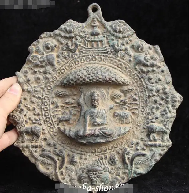 

8" Old Tibet Bronze Shakyamuni Sakyamuni Amitabha Buddha Folding Screen Mural