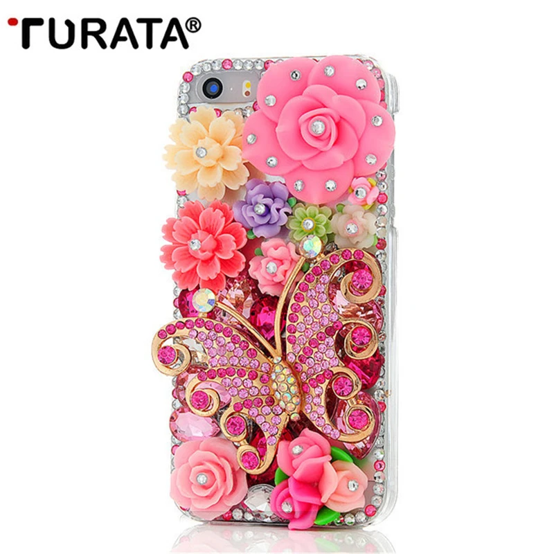 

Handmade Bling Rhinestone Diamond Butterfly Colorful Flowers Pearl Hard Back Phone Case Cover For iPhone5 iPhone 5 5G 5S SE