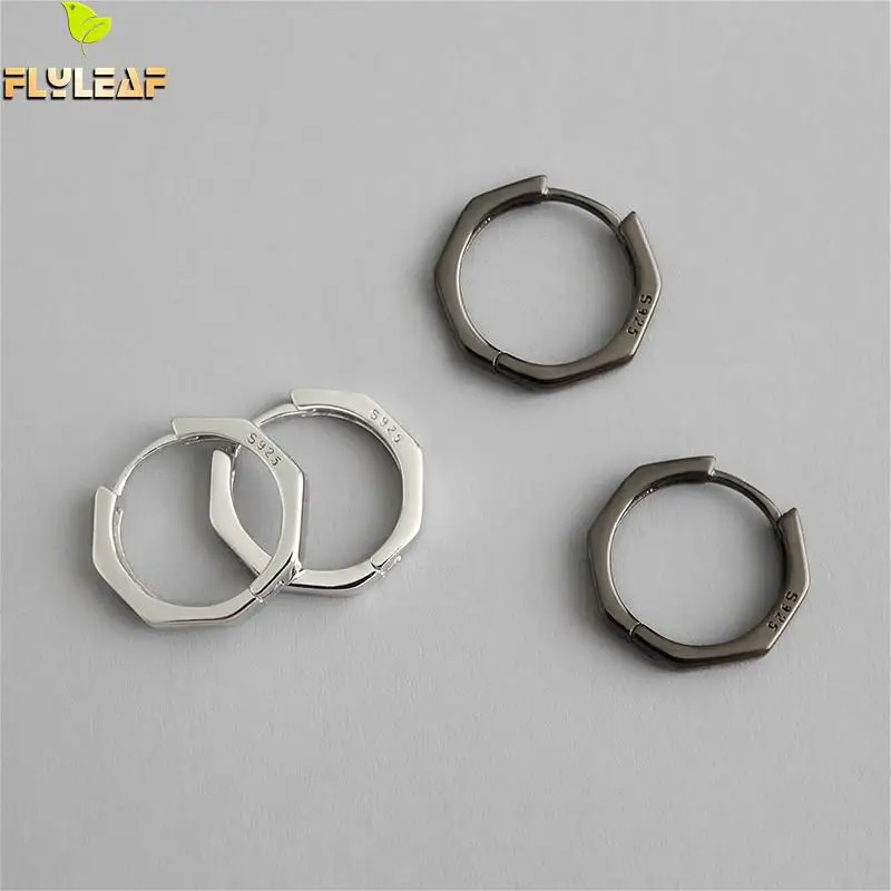 

Flyleaf Geometric Octagon Simple Hoop Earrings For Women 100% 925 Silver Earings Fashion Jewelry Black Ins Style High Quality