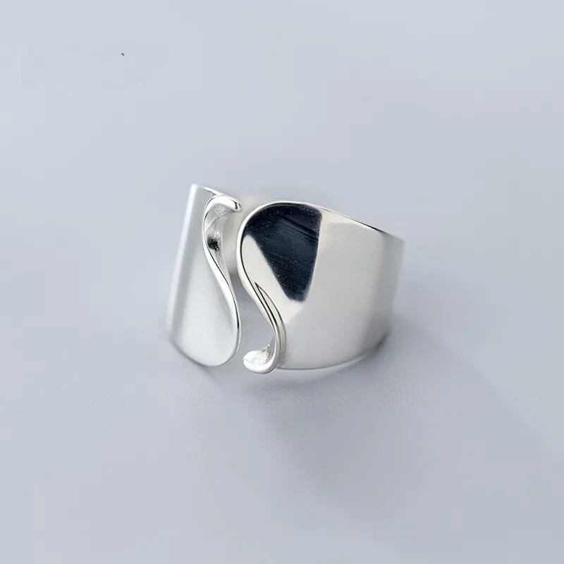 

925 Sterling Silver Glossy Wide Face Wave Open Rings Simple Creative Texture Elegant Female Rings Fashion Silver Jewelry J5112